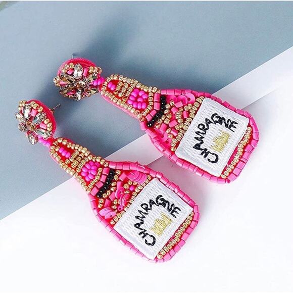 Pink Champagne Bottle Beaded Sequin Earrings - Picture 2 of 3